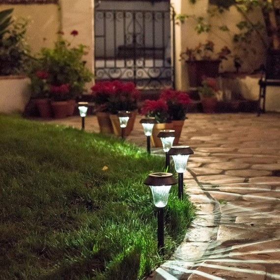 Silver Solar Path Light, Set of 6, with Glass Lens, Metal Ground Stake, and Extra-Bright LED for Lawn, Patio, Yard, Walkway, Driveway