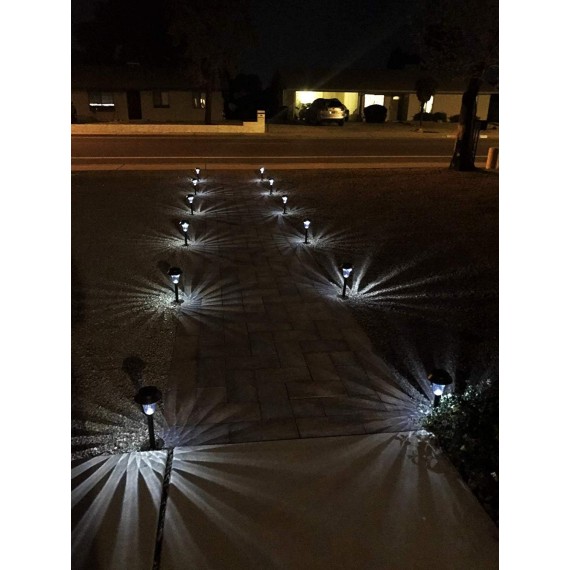 Silver Solar Path Light, Set of 6, with Glass Lens, Metal Ground Stake, and Extra-Bright LED for Lawn, Patio, Yard, Walkway, Driveway