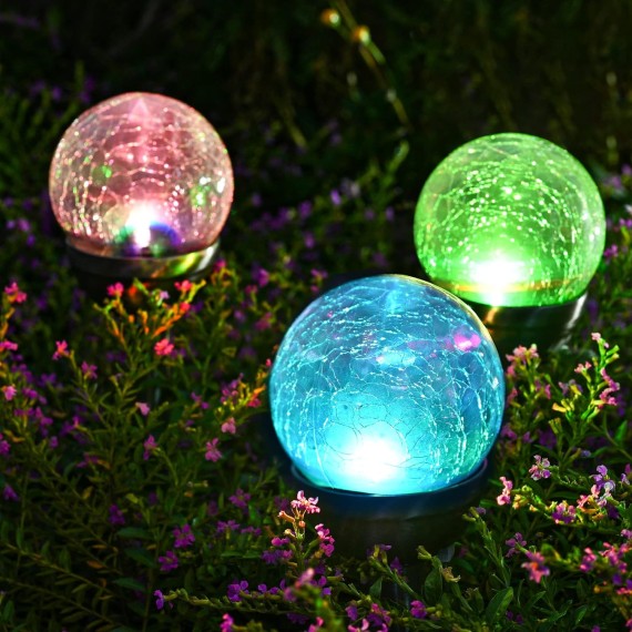 Solar Lights Outdoor, Cracked Glass Ball Solar Garden Lights, Color Changing Lights Outdoor,Garden LED Lights for Path, Patio, Yard, 3 Pack Solar Garden Lights Outdoor Pathway