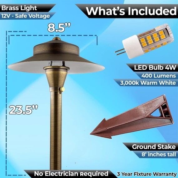 LED Pathway Lights 120 Landscape Lights - Solid Brass Low Voltage Lighting 4W MR16 LED Light Bulb Warm White LED Garden Light Outdoor Landscape Lights with Ground Stake (1, Wide Top 8-1/2")