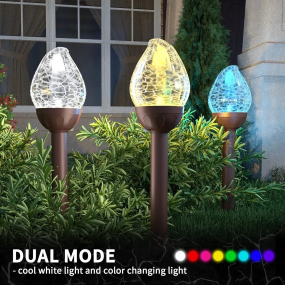 Solar Lights Outdoor, Cracked Glass Flame Shaped Solar Garden Lights, Cold White/Color Changing Lights Outdoor, Garden LED Lights for Patio, Yard, 3 Pack Solar Garden Lights Outdoor Pathway