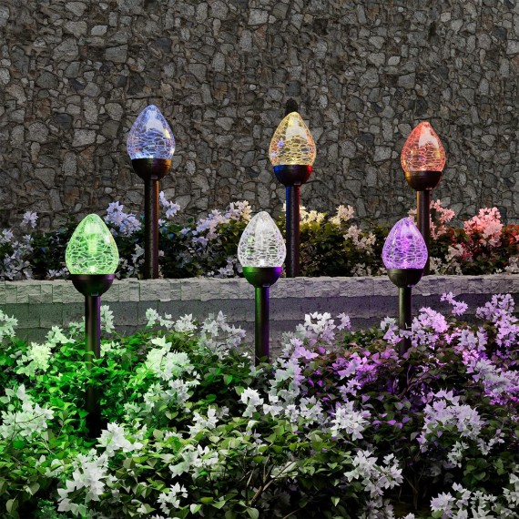 Solar Lights Outdoor, Cracked Glass Flame Shaped Solar Garden Lights, Cold White/Color Changing Lights Outdoor, Garden LED Lights for Patio, Yard, 3 Pack Solar Garden Lights Outdoor Pathway