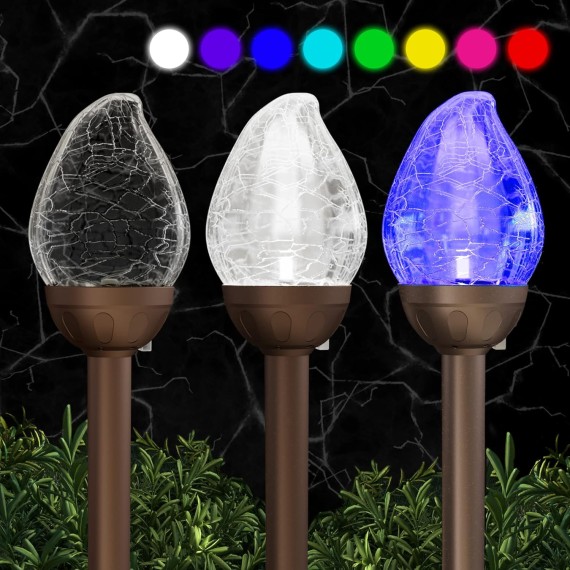 Solar Lights Outdoor, Cracked Glass Flame Shaped Solar Garden Lights, Cold White/Color Changing Lights Outdoor, Garden LED Lights for Patio, Yard, 3 Pack Solar Garden Lights Outdoor Pathway