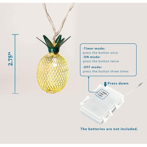 15ft 20 LED Pineapple String Lights, Fairy String Lights Battery Operated for Patio Home Wedding Party Bedroom Birthday Hawaiian Tropical Tiki Decoration (Warm White)