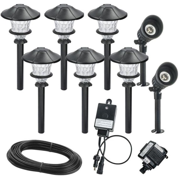 Low-Voltage Black Outdoor Integrated LED Landscape Path Light and Deluxe Micro Spot Light Kit (8-Pack)