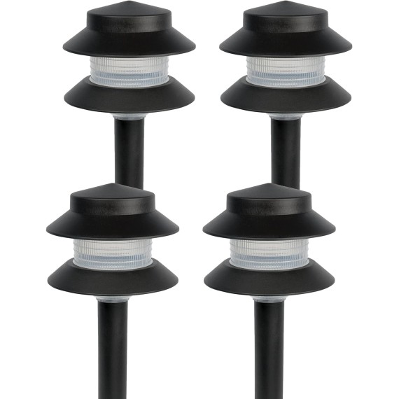 GreenLighting  Low Voltage Landscape Pathway Lights - 2 Tier Outdoor Garden Lights - Easy, Simple Installation - Walkway Lights, Lawn Lights, Landscape Lighting (Black, 4 Pack)