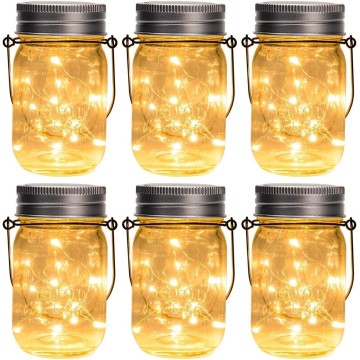 Hanging Solar Mason Jar Lights, 6 Pack 30 Led String Fairy Lights Hanging Solar Lanterns Outdoor Waterproof, Hangers and Jars Included, Outdoor Decor for Christmas, Wedding, Garden, Patio