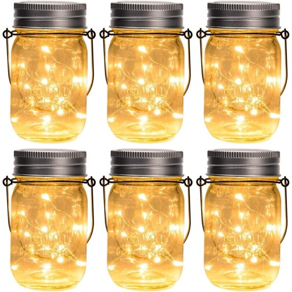 Hanging Solar Mason Jar Lights, 6 Pack 30 Led String Fairy Lights Hanging Solar Lanterns Outdoor Waterproof, Hangers and Jars Included, Outdoor Decor for Christmas, Wedding, Garden, Patio