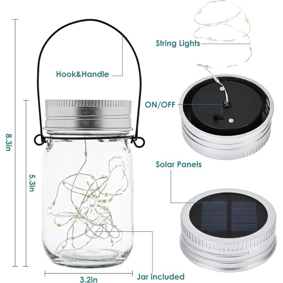Hanging Solar Mason Jar Lights, 6 Pack 30 Led String Fairy Lights Hanging Solar Lanterns Outdoor Waterproof, Hangers and Jars Included, Outdoor Decor for Christmas, Wedding, Garden, Patio