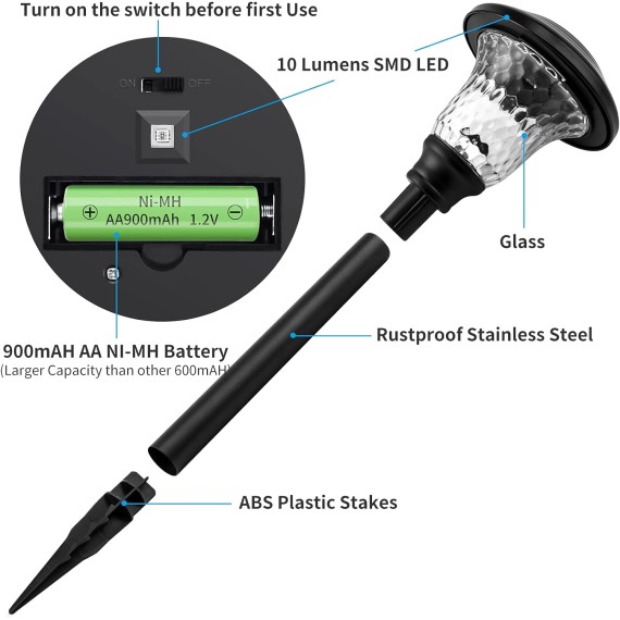 8 Pack Solar Pathway Lights Color Changing + Bright White Outdoor Garden Stake Glass LED Stainless Steel IP65 Waterproof Landscape Path Lighting for Yard Walkway Driveway Outside Black