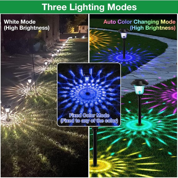 8 Pack Solar Pathway Lights Color Changing + Bright White Outdoor Garden Stake Glass LED Stainless Steel IP65 Waterproof Landscape Path Lighting for Yard Walkway Driveway Outside Black