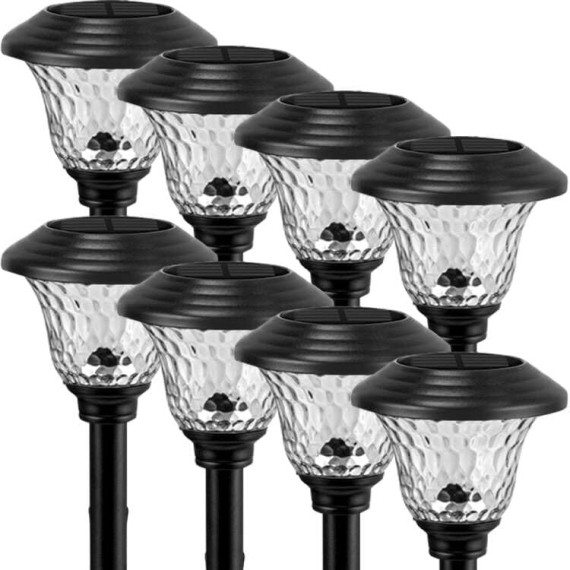 8 Pack Solar Pathway Lights Color Changing + Bright White Outdoor Garden Stake Glass LED Stainless Steel IP65 Waterproof Landscape Path Lighting for Yard Walkway Driveway Outside Black