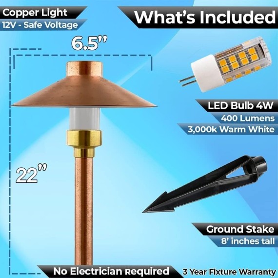 LED Pathway 126 Landscape Light 12V Solid Copper Low Voltage 4W G4 LED Light Bulb Warm White Included Outdoor Mushroom Security Garden Patio Area Light for Beautiful Bright Long Lasting
