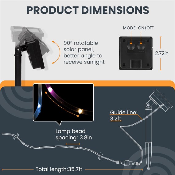 2 Pack Solar Rope Lights, Each with 100 LEDs 35.7ft 8 Modes, Solar String Lights Outdoor Waterproof, Tube Lights for Garden Fence Patio Yard Christmas Decorations (Multicolor)