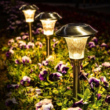 8 Pack Solar Pathway Lights, Solar Lights Outdoor Warm White, Waterproof Glass Stainless Steel Automatic Solar Outdoor Lights for Outside Patio, Yard, Lawn, Garden and Path (Silver Finish)