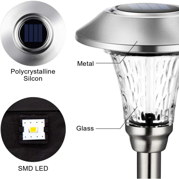 8 Pack Solar Pathway Lights, Solar Lights Outdoor Warm White, Waterproof Glass Stainless Steel Automatic Solar Outdoor Lights for Outside Patio, Yard, Lawn, Garden and Path (Silver Finish)