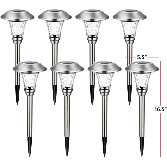8 Pack Solar Pathway Lights, Solar Lights Outdoor Warm White, Waterproof Glass Stainless Steel Automatic Solar Outdoor Lights for Outside Patio, Yard, Lawn, Garden and Path (Silver Finish)