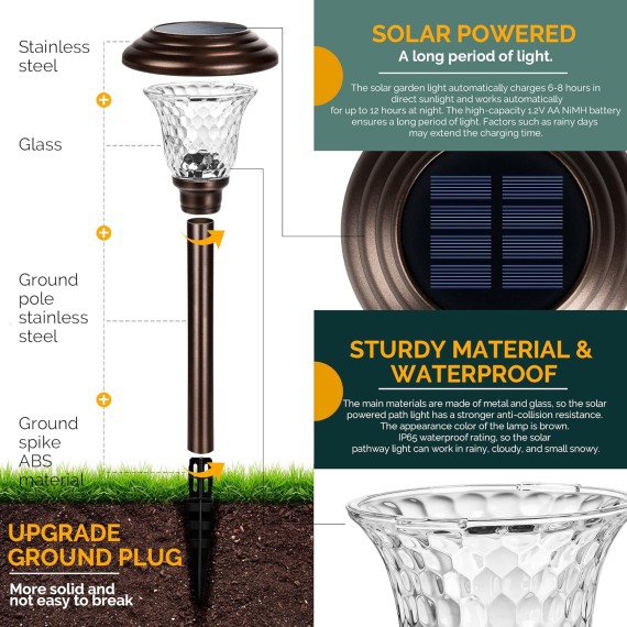 8 Pack Solar Pathway Lights, Solar Garden Lights Outdoor Warm White, Waterproof Led Path Lights for Yard, Patio, Landscape, Walkway (Brown)…