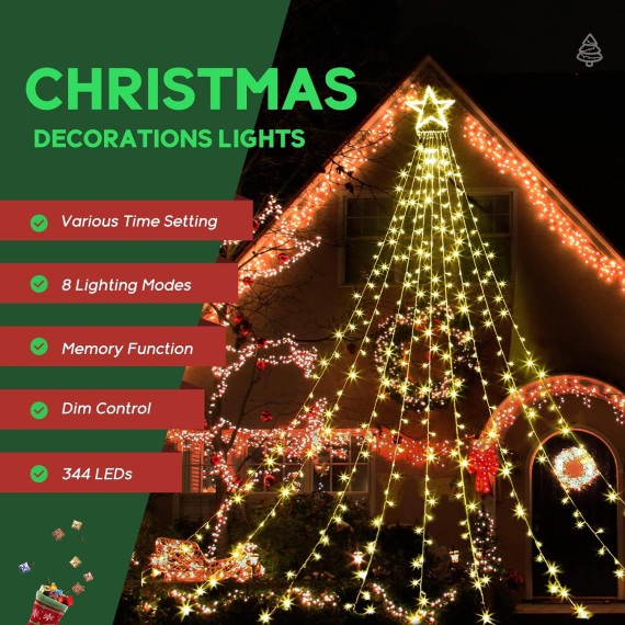 Christmas Decorations Lights 344 LED Star Lights 8 Lighting Modes Outdoor Tree Decorations for Christmas Yard, Garden, New Year, Holiday, Wedding, Party（Warm White）
