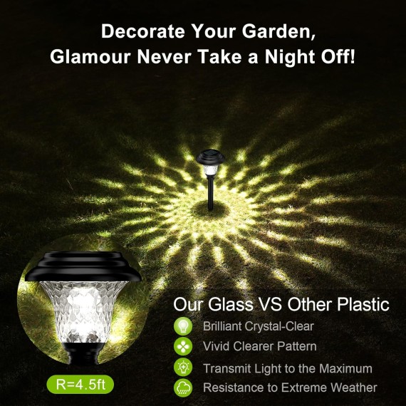 Glass Solar Lights Outdoor, 8 Pack Super Bright Solar Pathway Lights, Up to 12 Hrs Long Last Auto On/Off Garden Lights Solar Powered Waterproof, Stainless Steel LED Landscape Lighting for Yard