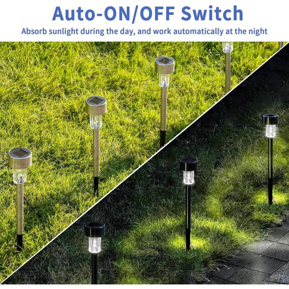 Solar Pathway Lights 12 Pack, Stainless Steel IP44 Waterproof Auto On/Off Outdoor LED Pathway Landscape Solar Lights for Garden, Yard, Patio, Path and Walkway. (Cold White)