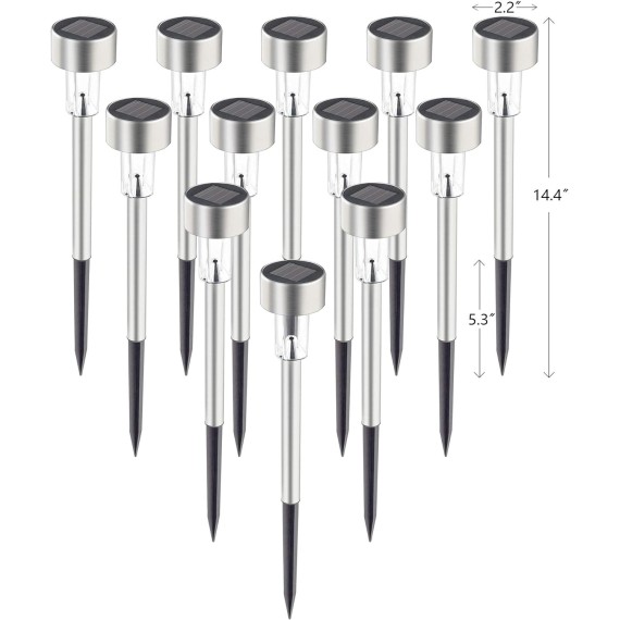 Solar Pathway Lights 12 Pack, Stainless Steel IP44 Waterproof Auto On/Off Outdoor LED Pathway Landscape Solar Lights for Garden, Yard, Patio, Path and Walkway. (Cold White)