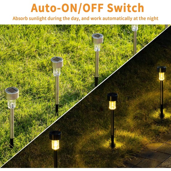 Solar Pathway Lights 12 Pack, Stainless Steel IP44 Waterproof Auto On/Off Outdoor LED Solar Landscape Lights for Garden, Yard, Patio, Path and Walkway. (Warm White)