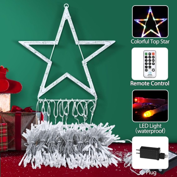 344 LED Christmas Lights Outdoor, Christmas Decoration String Lights with 8 Lighting Modes, Waterfall Xmas Tree Star Lights for Garden, Yard, New Year, Holiday, Wedding, Party（Multi-Color）