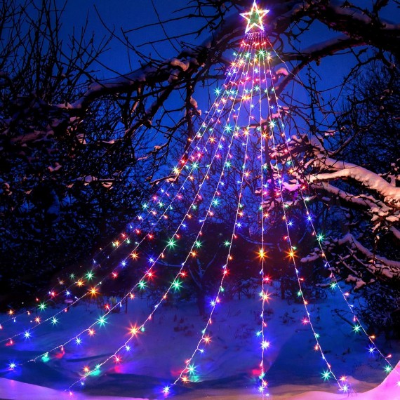 344 LED Christmas Lights Outdoor, Christmas Decoration String Lights with 8 Lighting Modes, Waterfall Xmas Tree Star Lights for Garden, Yard, New Year, Holiday, Wedding, Party（Multi-Color）