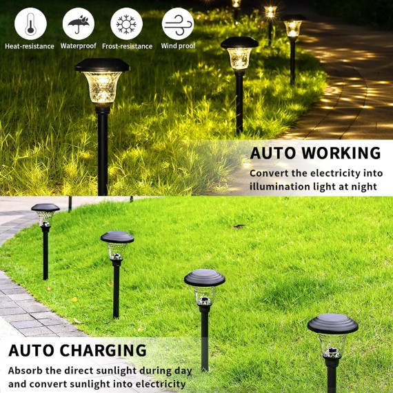 Solar Garden Lights 8 Pack, Super Bright Solar Pathway Lights, Glass Stainless Steel Solar Lights Outdoor Waterproof, Auto On/Off Solar Powered Landscape Lights for Yard, Walkway (Black).
