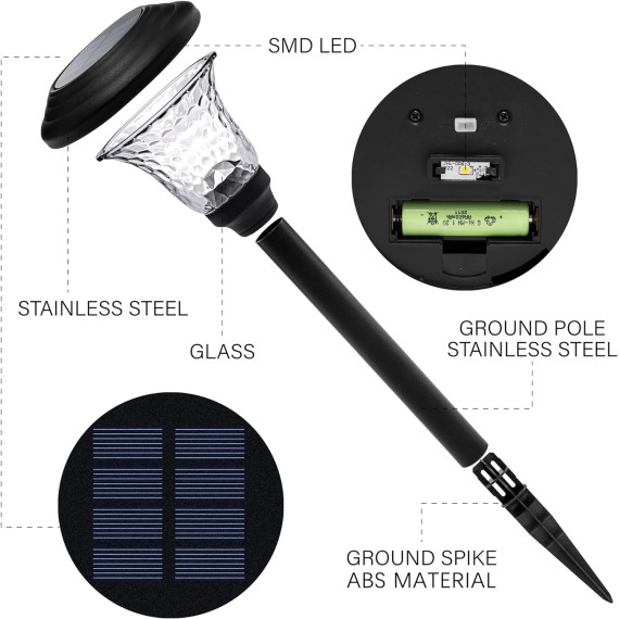Solar Garden Lights 8 Pack, Super Bright Solar Pathway Lights, Glass Stainless Steel Solar Lights Outdoor Waterproof, Auto On/Off Solar Powered Landscape Lights for Yard, Walkway (Black).