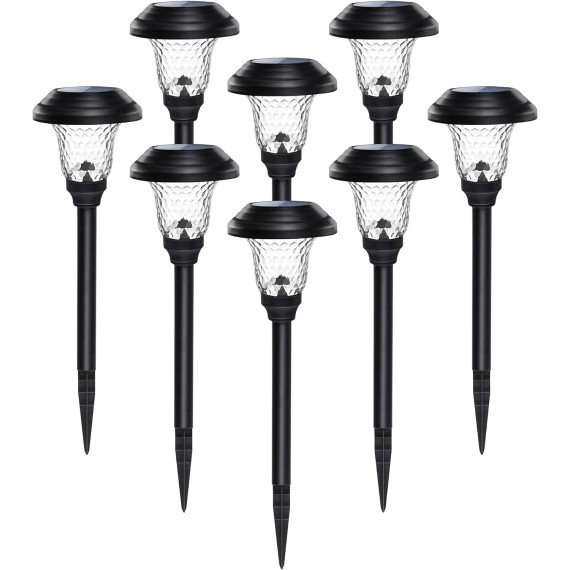 Solar Garden Lights 8 Pack, Super Bright Solar Pathway Lights, Glass Stainless Steel Solar Lights Outdoor Waterproof, Auto On/Off Solar Powered Landscape Lights for Yard, Walkway (Black).