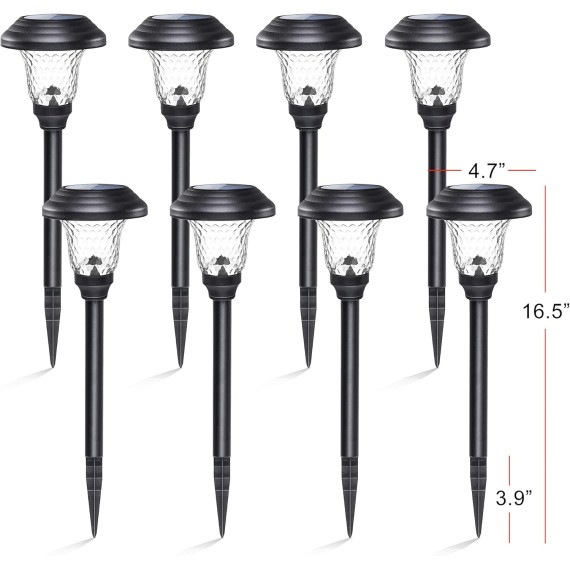 Solar Garden Lights 8 Pack, Super Bright Solar Pathway Lights, Glass Stainless Steel Solar Lights Outdoor Waterproof, Auto On/Off Solar Powered Landscape Lights for Yard, Walkway (Black).