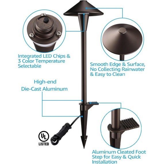 3CCT Low Voltage Pathway Lights, LED Landscape Path Lights, 3000K/4000K/5000K, Flat Cone Head, 12-24V AC/DC, IP65 Outdoor Walkway Light, Oil Rubbed Bronze Aluminum, Pack of 6