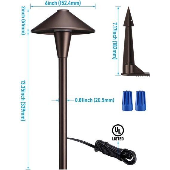 3CCT Low Voltage Pathway Lights, LED Landscape Path Lights, 3000K/4000K/5000K, Flat Cone Head, 12-24V AC/DC, IP65 Outdoor Walkway Light, Oil Rubbed Bronze Aluminum, Pack of 6