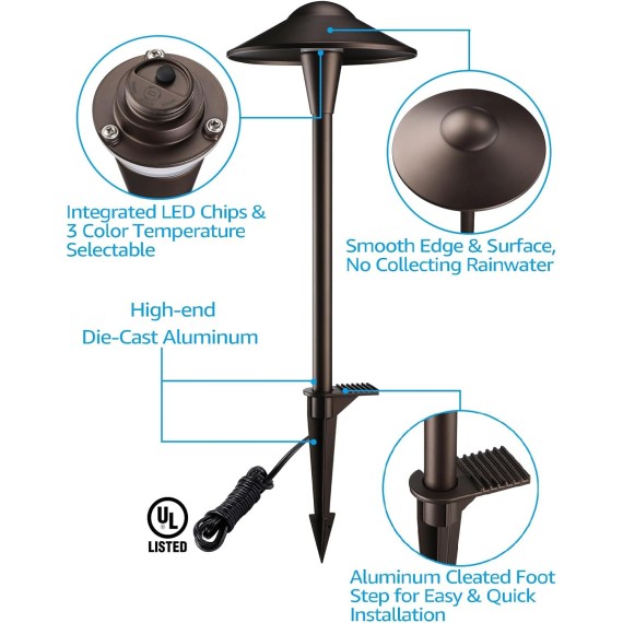 3CCT Low Voltage Pathway Lights, LED Landscape Path Lights, 3000K/4000K/5000K, Saucer Head, 12-24V AC/DC, IP65 Outdoor Walkway Light, Oil Rubbed Bronze Aluminum, Pack of 6