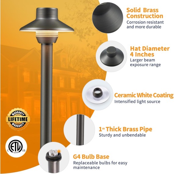 Landscape Path Lights Brass, 12V Low Voltage Pathway Lights Wired, Outdoor Garden Lights LED Waterproof, Mini Shade Bronze for Yard Walkway Driveway with 3W 270LM 2700K G4 Bulb