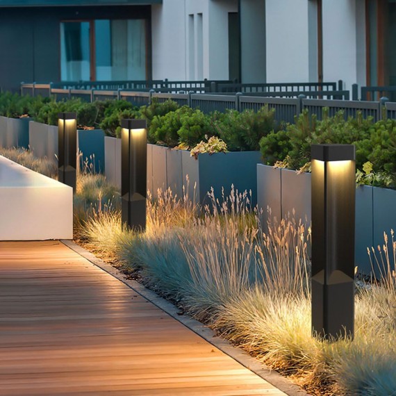 Modern Landscape Path Light With 3000K Warm Light Pathway Lights Outdoor LED Waterproof Bollard Light Black Square Aluminum Post Light Fixture External Lawn Bollard Lantern For Porch Garden Front Yard