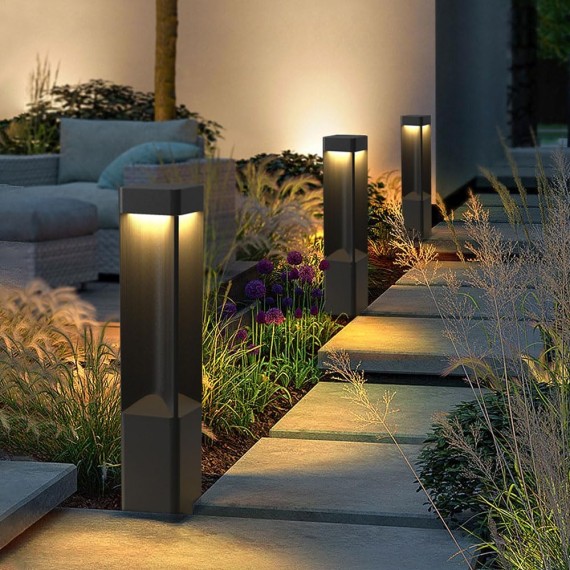 Modern Landscape Path Light With 3000K Warm Light Pathway Lights Outdoor LED Waterproof Bollard Light Black Square Aluminum Post Light Fixture External Lawn Bollard Lantern For Porch Garden Front Yard