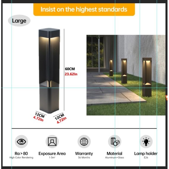 Modern Landscape Path Light With 3000K Warm Light Pathway Lights Outdoor LED Waterproof Bollard Light Black Square Aluminum Post Light Fixture External Lawn Bollard Lantern For Porch Garden Front Yard