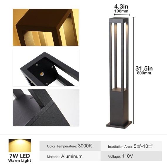 Landscape Path Light with 3000K LED Lighting - IP65 Waterproof Post Bollard Light Aluminum Outdoor Lawn Floor Lantern Modern Luxury Road Light for Patio, Courtyard and Driveway