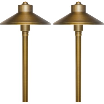 Solid Brass Landscape Path Lights (6.7" Shade, 20" Tall), Low Voltage LED 3W 12-24V AC/DC China Hat Path Lighting, 2700K Outdoor Waterproof Walkway Light, with Stake and G4 Bulb, 2 Pack