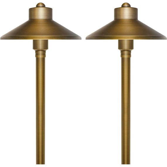 Solid Brass Landscape Path Lights (6.7" Shade, 20" Tall), Low Voltage LED 3W 12-24V AC/DC China Hat Path Lighting, 2700K Outdoor Waterproof Walkway Light, with Stake and G4 Bulb, 2 Pack