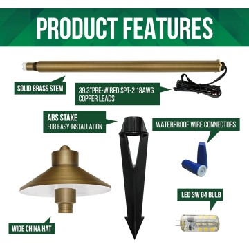 Solid Brass Landscape Path Lights (6.7" Shade, 20" Tall), Low Voltage LED 3W 12-24V AC/DC China Hat Path Lighting, 2700K Outdoor Waterproof Walkway Light, with Stake and G4 Bulb, 2 Pack