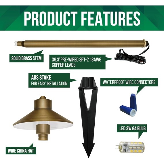 Solid Brass Landscape Path Lights (6.7" Shade, 20" Tall), Low Voltage LED 3W 12-24V AC/DC China Hat Path Lighting, 2700K Outdoor Waterproof Walkway Light, with Stake and G4 Bulb, 2 Pack