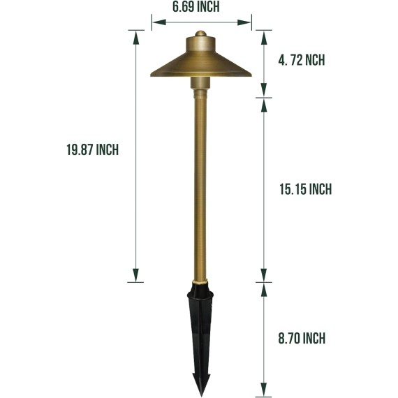 Solid Brass Landscape Path Lights (6.7" Shade, 20" Tall), Low Voltage LED 3W 12-24V AC/DC China Hat Path Lighting, 2700K Outdoor Waterproof Walkway Light, with Stake and G4 Bulb, 2 Pack