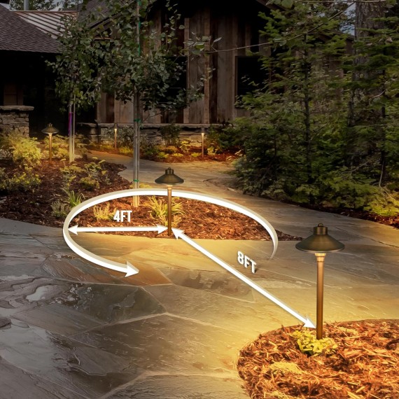 Solid Brass Landscape Path Lights (6.7" Shade, 20" Tall), Low Voltage LED 3W 12-24V AC/DC China Hat Path Lighting, 2700K Outdoor Waterproof Walkway Light, with Stake and G4 Bulb, 2 Pack