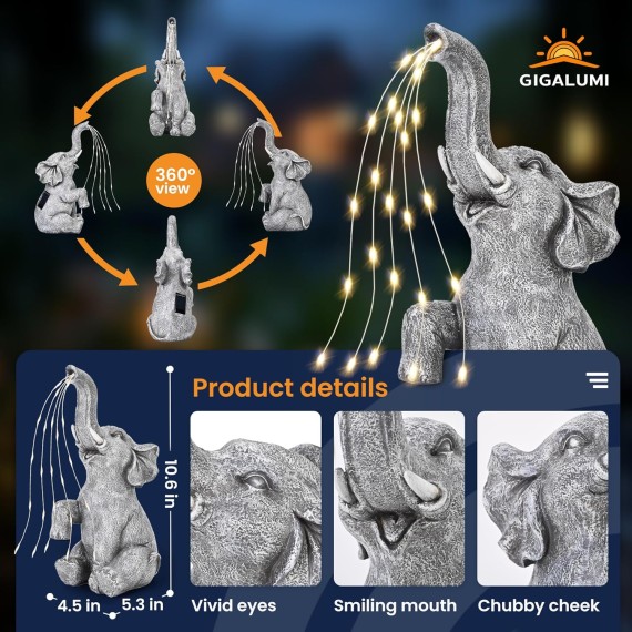 Elephant Statue Solar Garden Decor LED Light Strings, Birthday Gifts for Women, Gifts for Mom, Outdoor Elephant Decor for Garden, Patio, Yard(Stay On Mode Only)