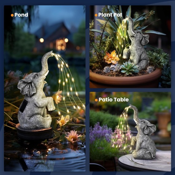 Elephant Statue Solar Garden Decor LED Light Strings, Birthday Gifts for Women, Gifts for Mom, Outdoor Elephant Decor for Garden, Patio, Yard(Stay On Mode Only)