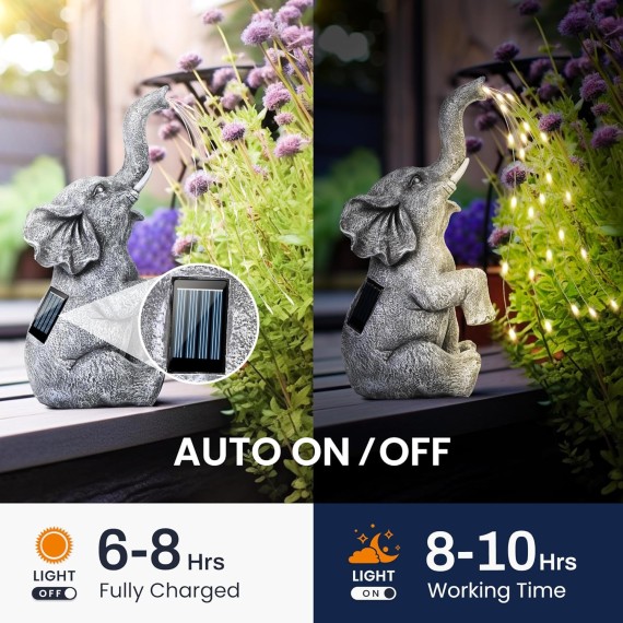 Elephant Statue Solar Garden Decor LED Light Strings, Birthday Gifts for Women, Gifts for Mom, Outdoor Elephant Decor for Garden, Patio, Yard(Stay On Mode Only)